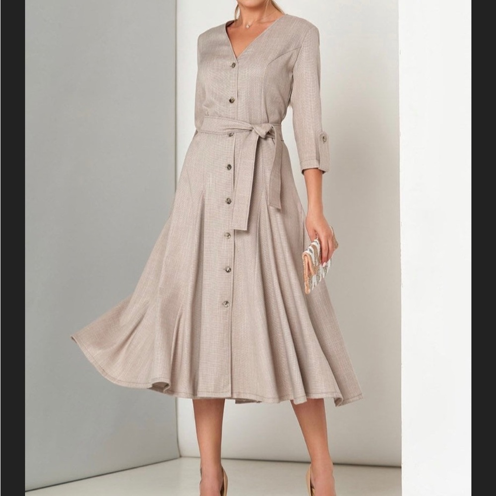 Gray Midi Button Down Dress with Belt